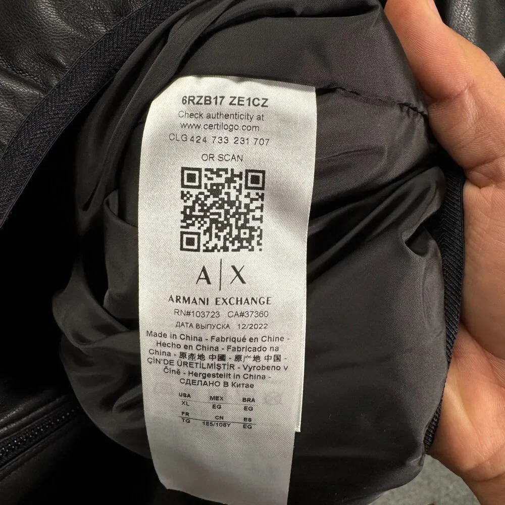 Armani Exchange Jacket Mens XL Black Faux Leather Bomber Full Zip